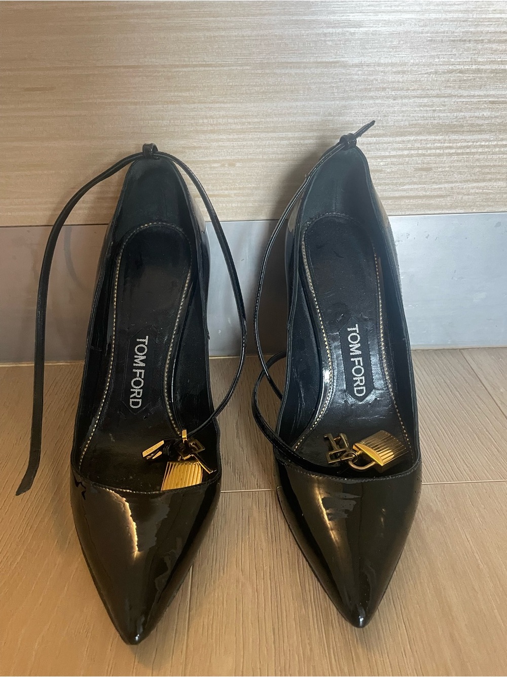Tom Ford Black Patent Pointed Lace-Up Pumps with Gold Charms